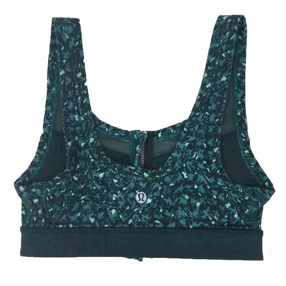 LuLuLemon Drop It Like It's Hot- Sz 2 -Teal Front-Zip Bra-Sheer Accents-Abstract - Picture 2 of 7